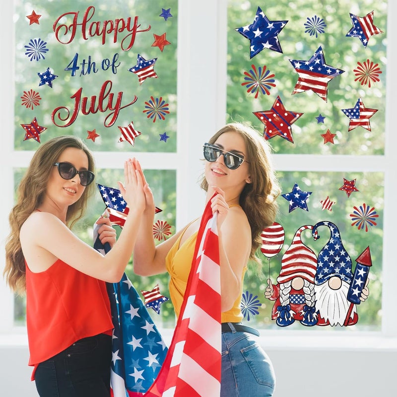 Whaline 6 Sheets Patriotic Window Clings Happy 4th of July USA Gnome Star Firework Reusable Window Decals for Independence Day Memorial Day Home Glass Party Decor - Image 2